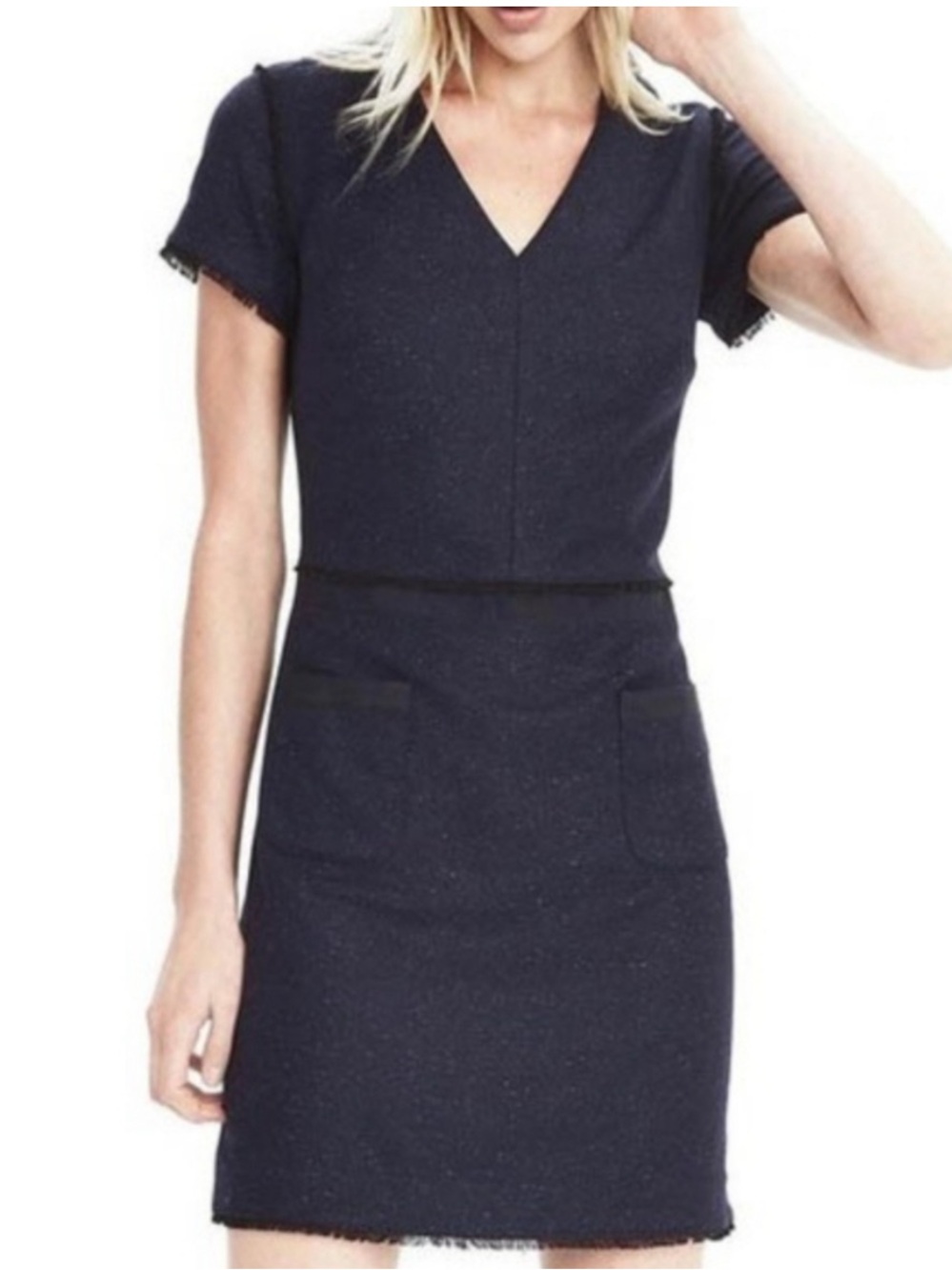 Banana Republic Navy Short-Sleeve V-Neck Wool Mini Dress